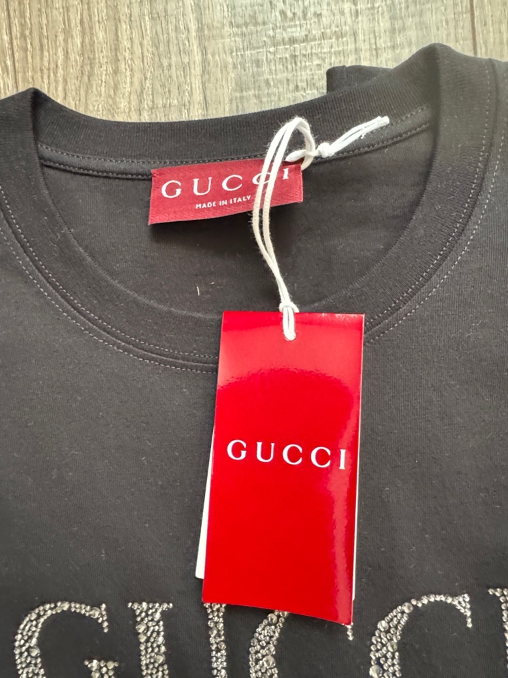 Gucci Black Tee with Crystal Logo Detail - Picture 2 of 7